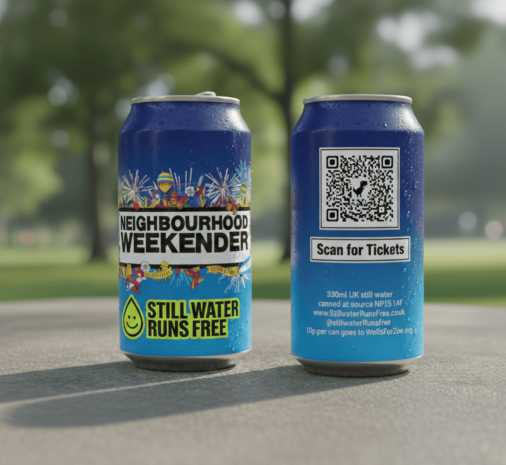 Two blue cans promoting free water at the Neighbourhood Weekend event, featuring QR code for ticket scanning and branding for Still Water Runs Free.